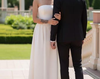 Milky strapless midi dress with corset bodice in premium diagonal crepe perfect for summer weddings and elegant outdoor occasions