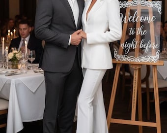 Traje de pantalón blanco para mujer: elegante conjunto de blazer de crepé color leche y pantalón acampanado para ocasiones nupciales o formales.