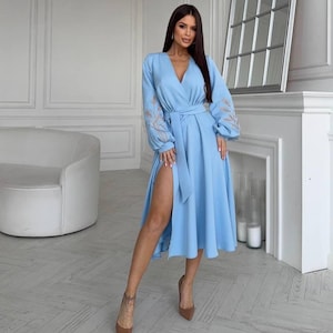 Sky blue A-line midi dress with embroidery on sleeves, elegant belted wrap dress with long puff sleeves for special events