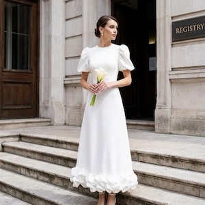 casual white dress for courthouse wedding Leely Women Ivory Short Simple Wedding Dress A Line Long Sleeves Bateau Neck Bridal Shower Dress Courthouse Wedding Dress