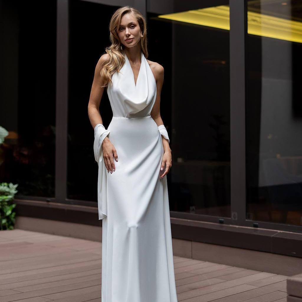 white halter dress with scarf Satin Jacquard Scarf Halter Dress in White