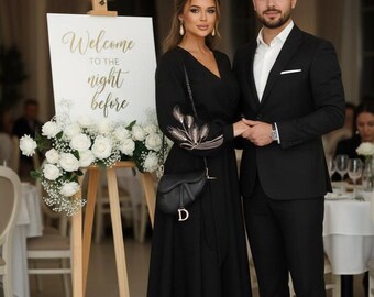 Black wrap midi dress with embroidery — elegant belted long sleeve dress for women