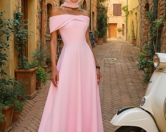 Wedding Guest Pink Off Shoulder Dress with Bow Detail, Elegant Crepe Cocktail Dress for Weddings, Bridesmaids or Evening Parties
