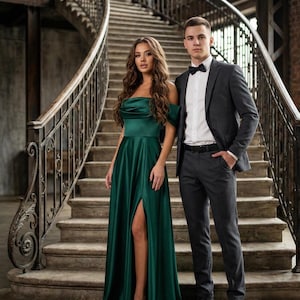 emerald green prom dress with tux Berylove Women Dark Green Prom Dress with Slit Mermaid Corset Beaded Strapless Appliqued Satin Formal Dress, Dark Green / US2