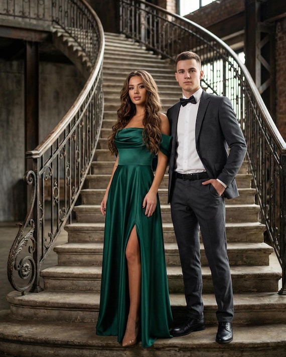 grey suit with emerald green dress Satin Evening Gown Dropped Sleeves and Leg Slit western outfits