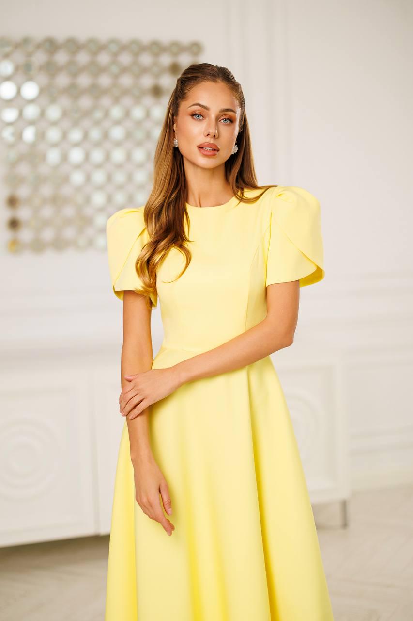 yellow evening dress with sleeves Illusion neck Bright Yellow One shoulder Bubble Sleeves Prom Dress