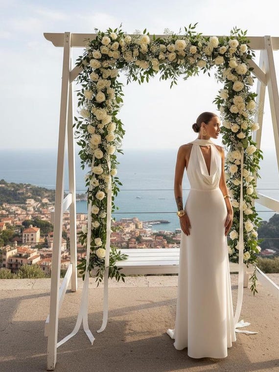 Luxury Satin Backless Dress | White Milk Floor Length Halter Gown With Scarf,  Timeless Satin Evening and Wedding Dress