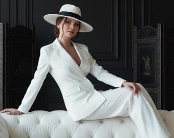 White womens suit with lined blazer top and tailored trousers