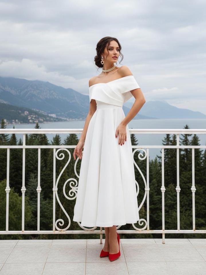 off white formal dress for women Shoulder Midi Wedding Events or Civil Ceremony – Elegant Milk Crepe Gown With Flared Skirt and Romantic Neckline formal off shoulder white dress