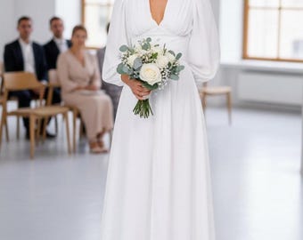 White midi dress — long sleeve silk crepe dress with buttons and fitted waist