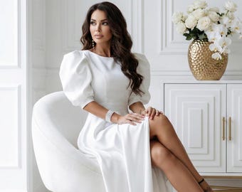 Puff Sleeve White Midi Dress | Chic Milk Crepe Open Back Dress for Weddings XS–XXL