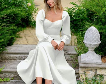 Wedding dress with structured cups and long puff sleeves – midi gown for civil ceremony