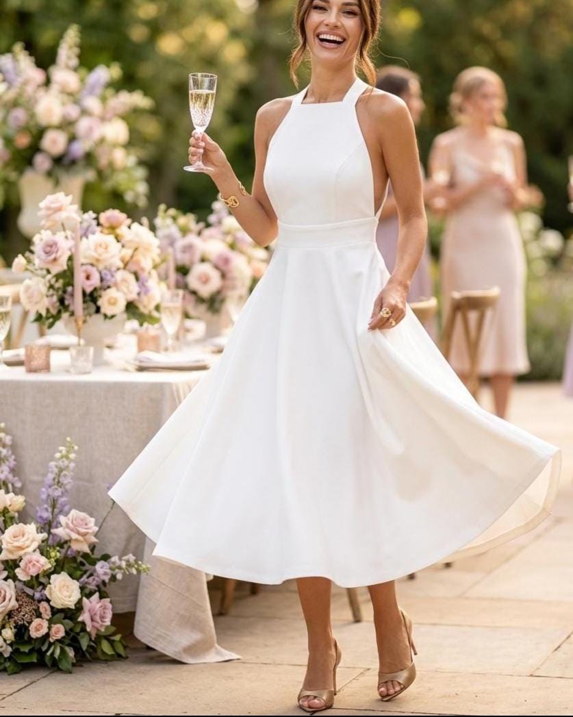 White Bridal Shower Midi Dress, Elegant High Neck, Flared Cocktail Gown for Bride, Civil Wedding Dress