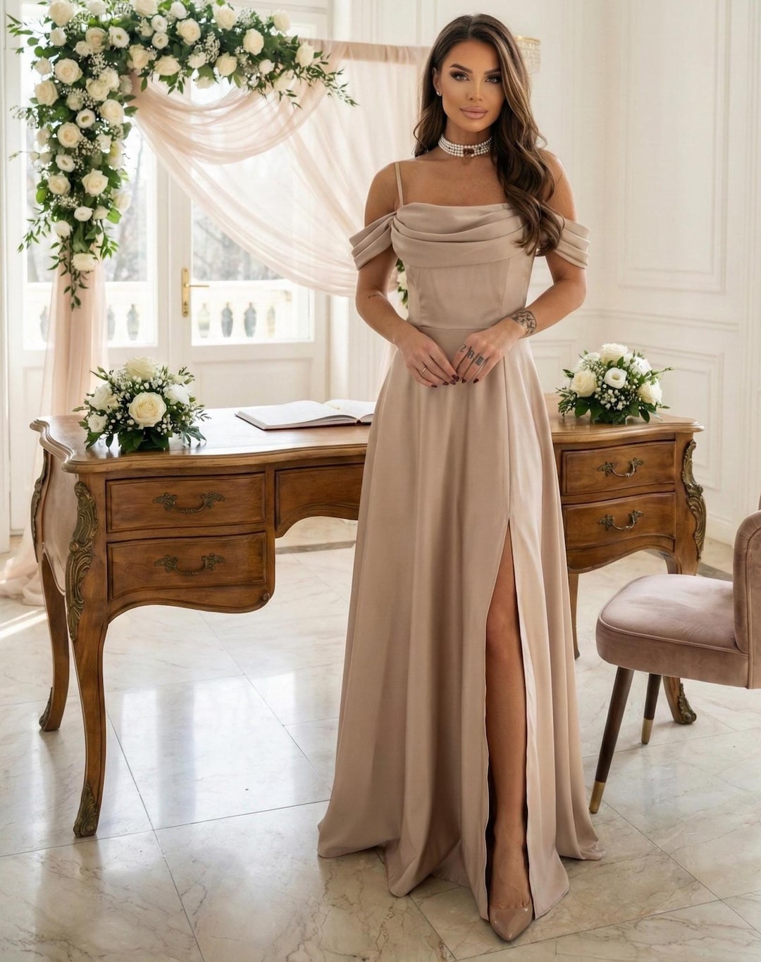 Bridesmaid Dress Long Satin Gown for Formal Reception or Gala