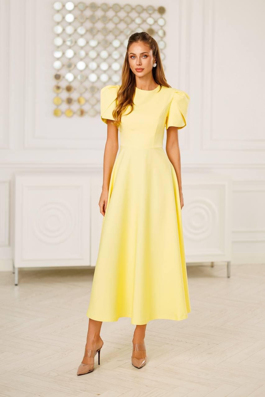yellow cocktail dress with sleeves Yellow Wedding Guest Midi Dress -- Elegant Lemon Crepe Dress with Puff Sleeves, Minimalist Fit-and-Flare for Weddings or Parties