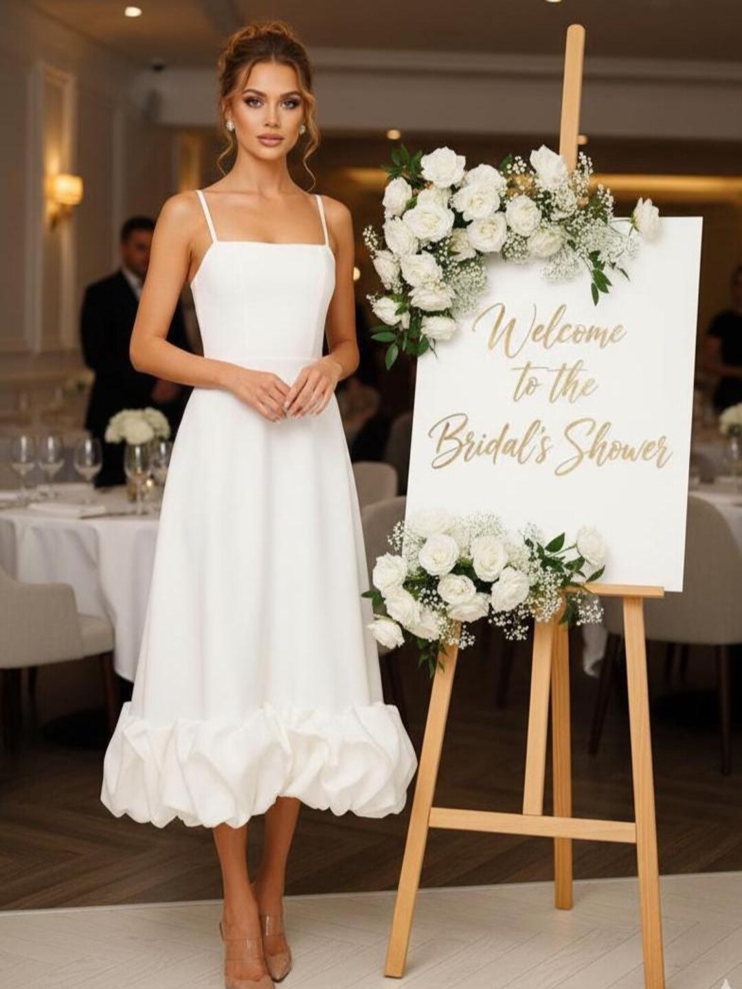 White Engagement Midi Dress With Ruffle Hem — Elegant Crepe Bridal — free download
