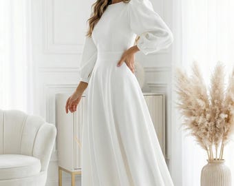 White Elegant Midi Dress – Puff Sleeves, Open Back Wedding Guest Outfit