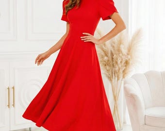 Formal Red Midi Dress for Women, Stylish Puff Shoulder A-Line Dress