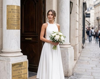 White Bridal Shower Midi Dress, Elegant High Neck, Flared Cocktail Gown for Bride, Civil Wedding Dress