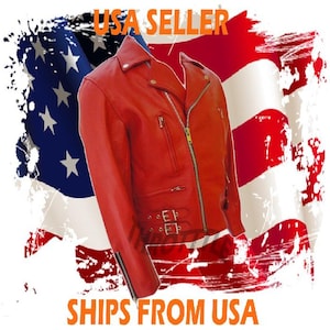 Men's Red Premium Genuine Leather Motorcycle Biker Zipper Buckle Belts Jacket