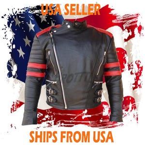 Men's Premium Genuine Leather Motorcycle Biker Zipper Padded Jacket Red Stripes Buckle Belts Removable Liner Armor Jackets