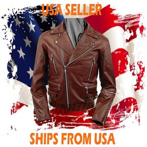 Men's Brown Premium Genuine Leather Motorcycle Biker Zipper Buckle Belts Jacket
