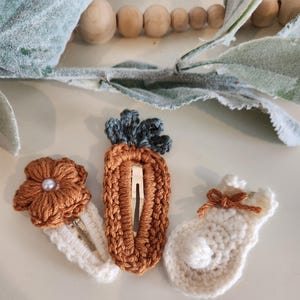 Easter Hair Clips handmade crochet, Bunny Carrot Flower Hair Accessories, Spring barrette for Girls, Easter Hair Bows for toddler girls