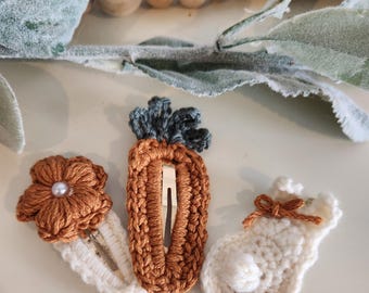 Easter Hair Clips handmade crochet, Bunny Carrot Flower Hair Accessories, Spring barrette for Girls, Easter Hair Bows for toddler girls