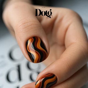 May include: Close-up of a fingernail with a retro-style design. The nail features a pattern of wavy stripes in shades of black, brown, and orange. The image also includes the text "Dotg Studio".