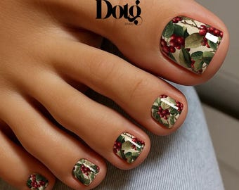 Holly Berry Nail Polish Wraps DIY Manicure and Pedicure Nail Stickers Iridescent Decal Strips