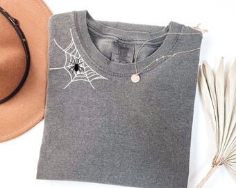 Comfort Colors Halloween Tee: Spider Web Graphic, Spooky Fall Shirt