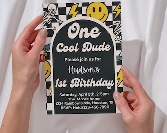 One Cool Dude Invitation | Retro Skateboard Theme | Instant Download | Edit with Canva | Printable Party Invite | Editable 1st Birthday