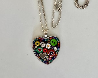 Handmade Micro Mosaic Pendant, Jewelry, Love Joy Peace, Camilla Klein, handcrafted, heart necklace, girlfriend gift, flowers, silver, artist