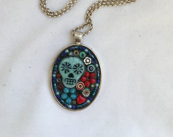 Micro mosaic necklace, Día de los muertos, Day of the Dead pendant, Sugar skull, micro mosaic jewelry, blue and red flower, Camilla Klein