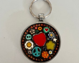 Mosaic Keychain, Love Joy Peace; keyring; Camilla Klein, hearts, flowers, gift, someone who has everything