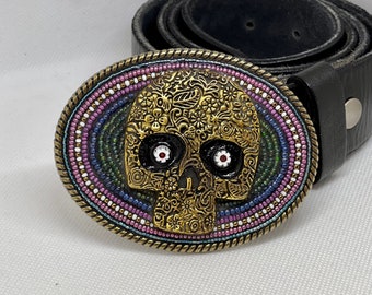 Beaded Skull Buckle on Leather belt strap handmade by Camilla Klein, mosaic, Day of the Dead, sugar skull accessories, for women, for men