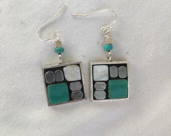Abstract, Mother of Pearl, Dangly, Silver, Micro mosaic, Earrings, Handmade, Camilla Klein, Connecticut, Geometric,