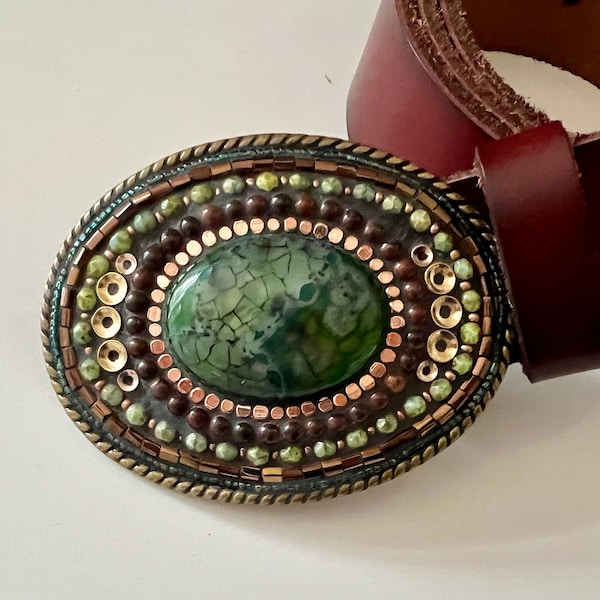 Green dragon vein agate belt buckle with leather strap, handmade by Camilla Klein, unisex, mosaic, brass, western, coastal cowgirl, olive