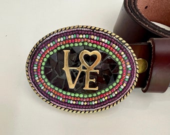 Purple mosaic belt buckle on leather belt strap with Robert Indiana style LOVE charm, handmade by Camilla Klein, brass, western, oval, OOAK