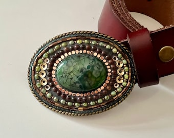 Green dragon vein agate belt buckle with leather strap, handmade by Camilla Klein, unisex, mosaic, brass, western, coastal cowgirl, olive