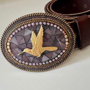Brass Hummingbird mosaic buckle with optional leather strap for women, men, birdlover, handmade, Camilla Klein, stained glass statement belt