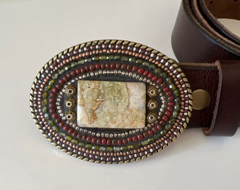 jasper buckle, mosaic, beaded, olive, rust, neutral, belt buckles for women, for men, beaded buckle, western, brass buckle, camilla klein