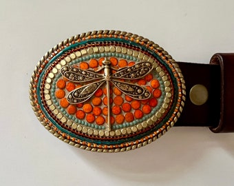 Handmade Dragonfly Buckle on Leather Belt Strap, for women, Camilla Klein, mosaic, ceramic tiles, beads, brass, turquoise, buckle, Western