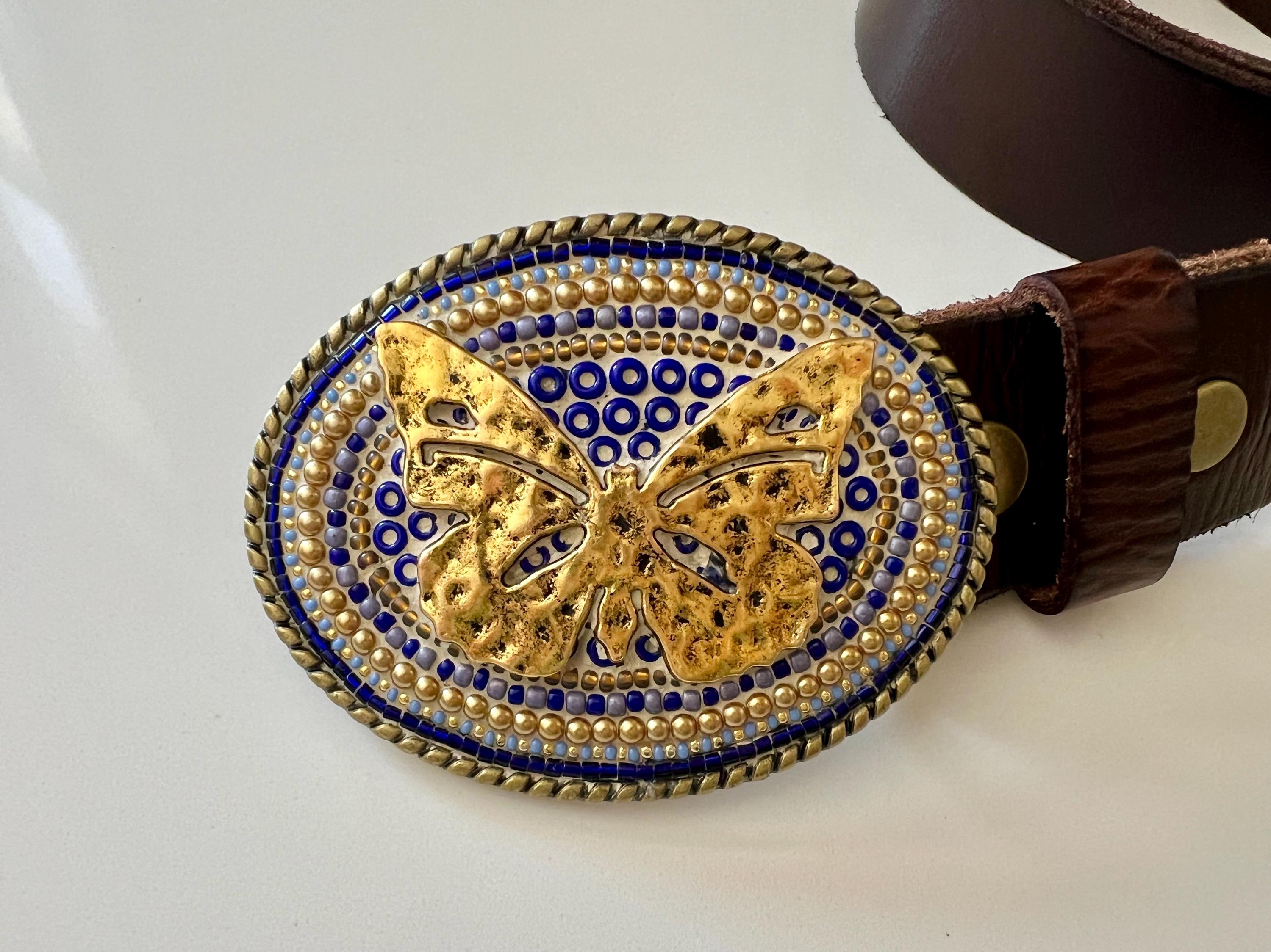 Butterfly Mosaic Belt Buckle: Beaded Brass Western Belt  display picture 3
