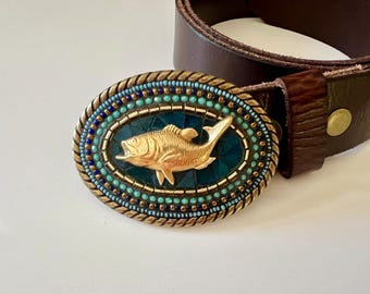Boucle De Ceinture Artisanale Cuir - Thème Pêche à La Truite - USA - Originale