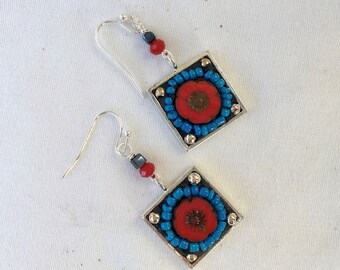 Red, Poppy, Square, Mosaic, Earrings, Camilla Klein, Handmade, Beaded, Jewelry, Gift for Gardener, Teacher Gift, Flower Power