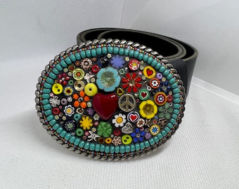 Colorful Hippie, Mosiac Buckle, Handmade in USA by Camilla Klein, Leather Belt, for women, hearts, Love, boho, belt buckle, handcrafted