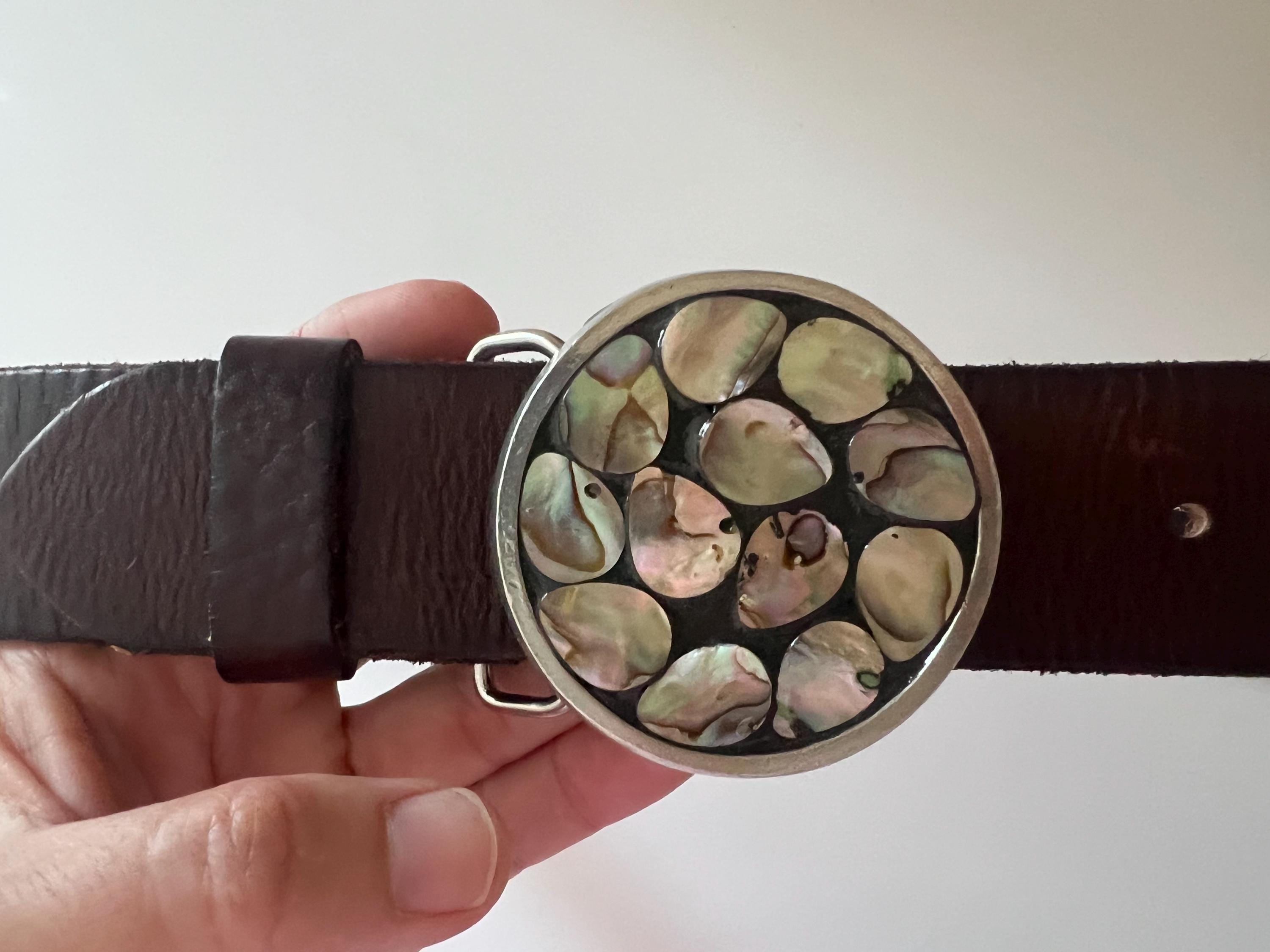 Handmade Abalone Mosaic Belt Buckle: Round Silver Pewter  display picture 2