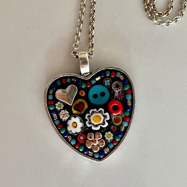 Mosaic Pendant, Micromosaic Jewelery, Love Joy Peace, Camilla Klein, Micro Mosaic Necklace, Heart Necklace, girlfriend gift, flowers