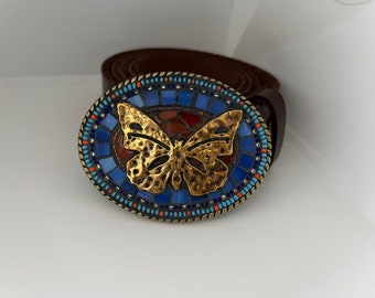 Butterfly Buckle with Leather Strap handmade by Camilla Klein, Oval, Western, Brass, Mosaic, Butterflies, Leather, Orange, Stained Glass